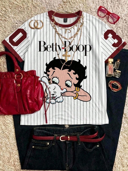 Attitoon Betty Boop x Casual Minimalist Round Neck Short Sleeve Betty Collaboration Striped World Cup Graphic English Letter Loose T-Shirt For Women, Chic, Y2K