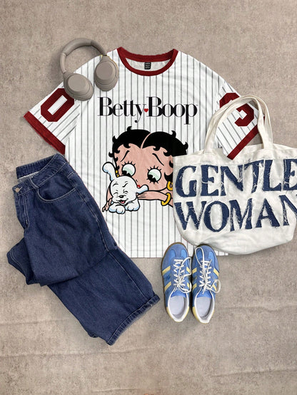 Attitoon Betty Boop x Casual Minimalist Round Neck Short Sleeve Betty Collaboration Striped World Cup Graphic English Letter Loose T-Shirt For Women, Chic, Y2K