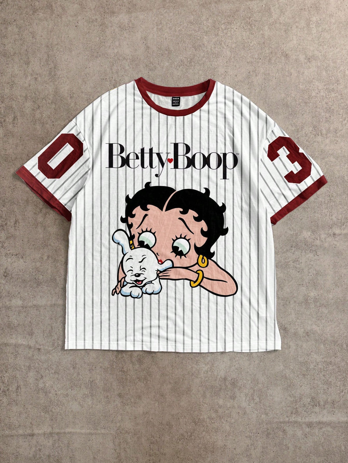 Attitoon Betty Boop x Casual Minimalist Round Neck Short Sleeve Betty Collaboration Striped World Cup Graphic English Letter Loose T-Shirt For Women, Chic, Y2K