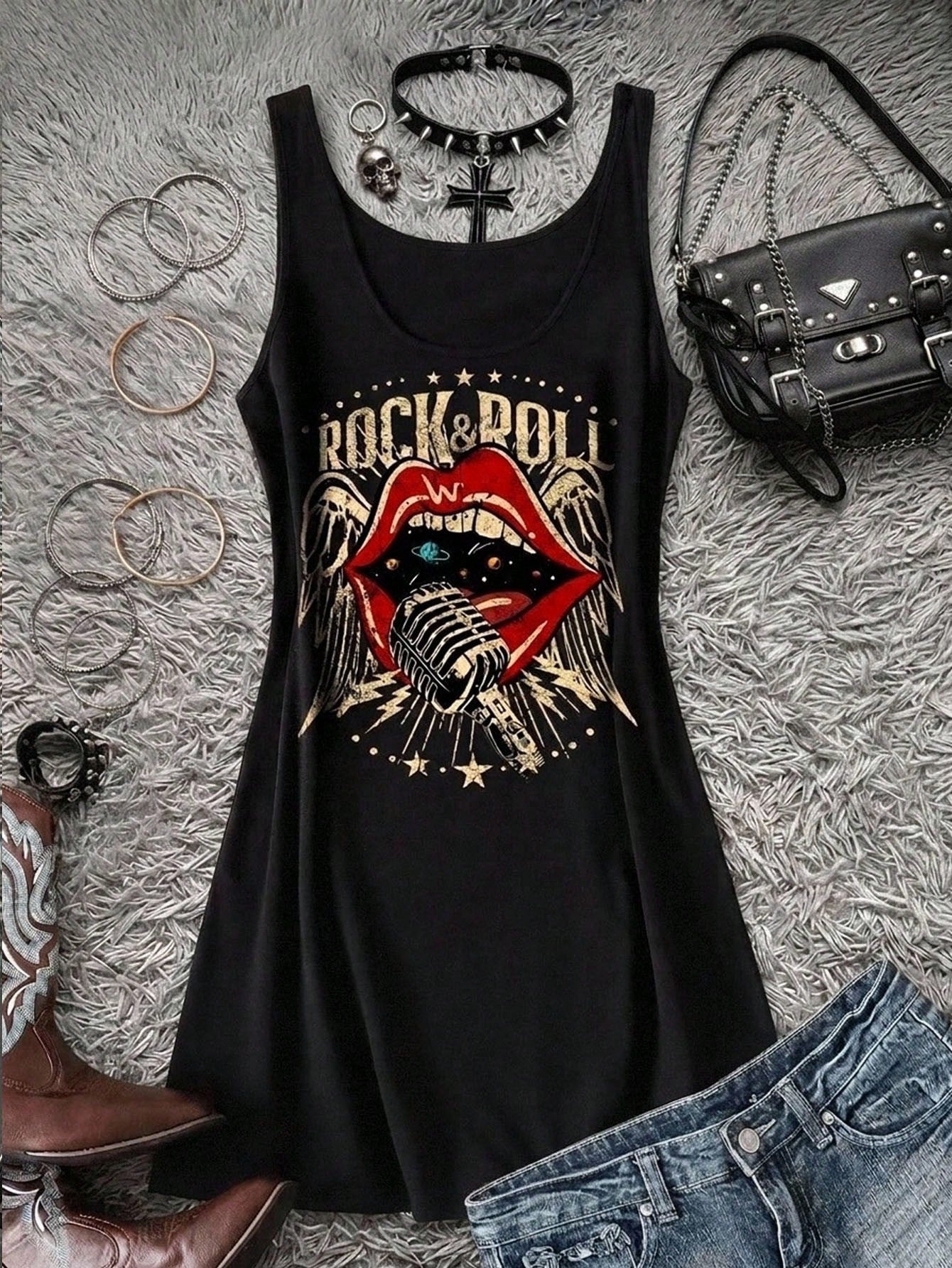 Attitoon Retro Rock Lips Graphic Casual Minimalist Round Neck Sleeveless Dress For Women, Suitable Summer,Summer Dresses Chic
