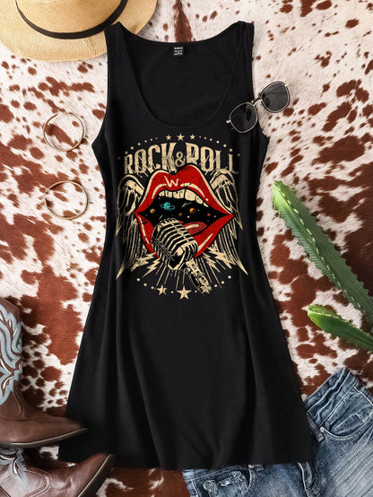 Attitoon Retro Rock Lips Graphic Casual Minimalist Round Neck Sleeveless Dress For Women, Suitable Summer,Summer Dresses Chic