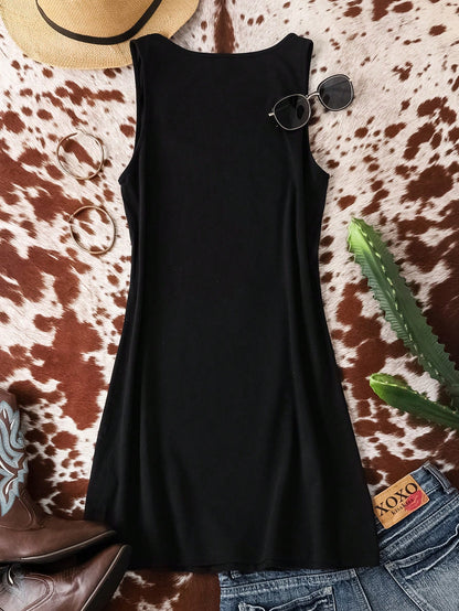 Attitoon Retro Rock Lips Graphic Casual Minimalist Round Neck Sleeveless Dress For Women, Suitable Summer,Summer Dresses Chic