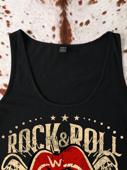 Attitoon Retro Rock Lips Graphic Casual Minimalist Round Neck Sleeveless Dress For Women, Suitable Summer,Summer Dresses Chic