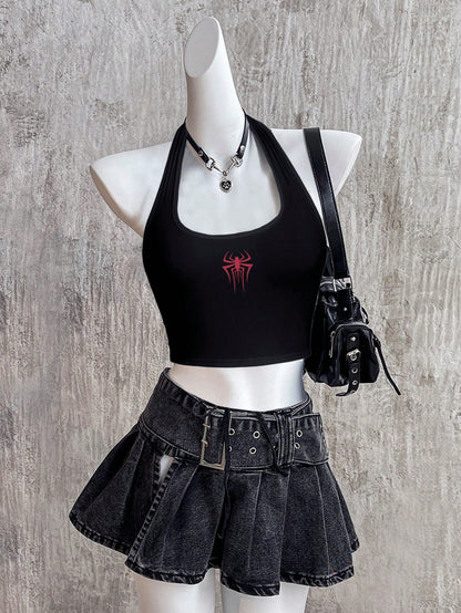 Attitoon Spider Graphic Halter Neck Fitted Tank Top For Women, Casual Summer