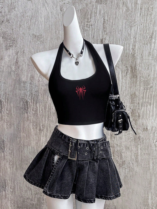 Attitoon Spider Graphic Halter Neck Fitted Tank Top For Women, Casual Summer