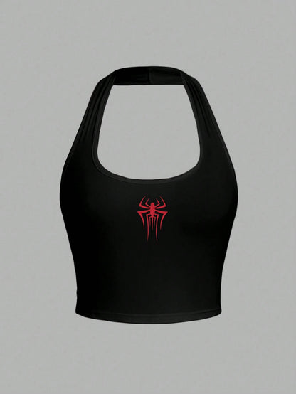 Attitoon Spider Graphic Halter Neck Fitted Tank Top For Women, Casual Summer