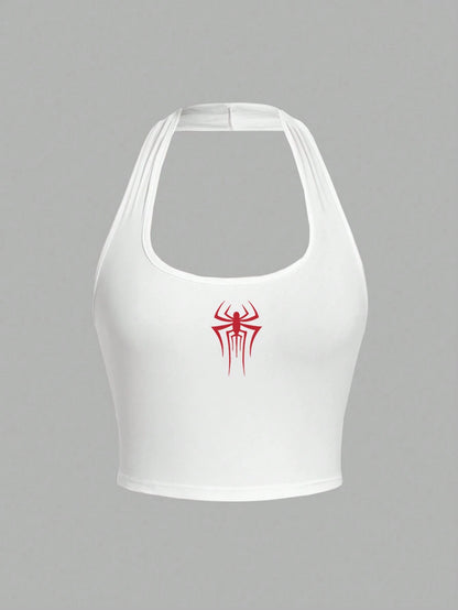 Attitoon Spider Graphic Halter Neck Fitted Tank Top For Women, Casual Summer