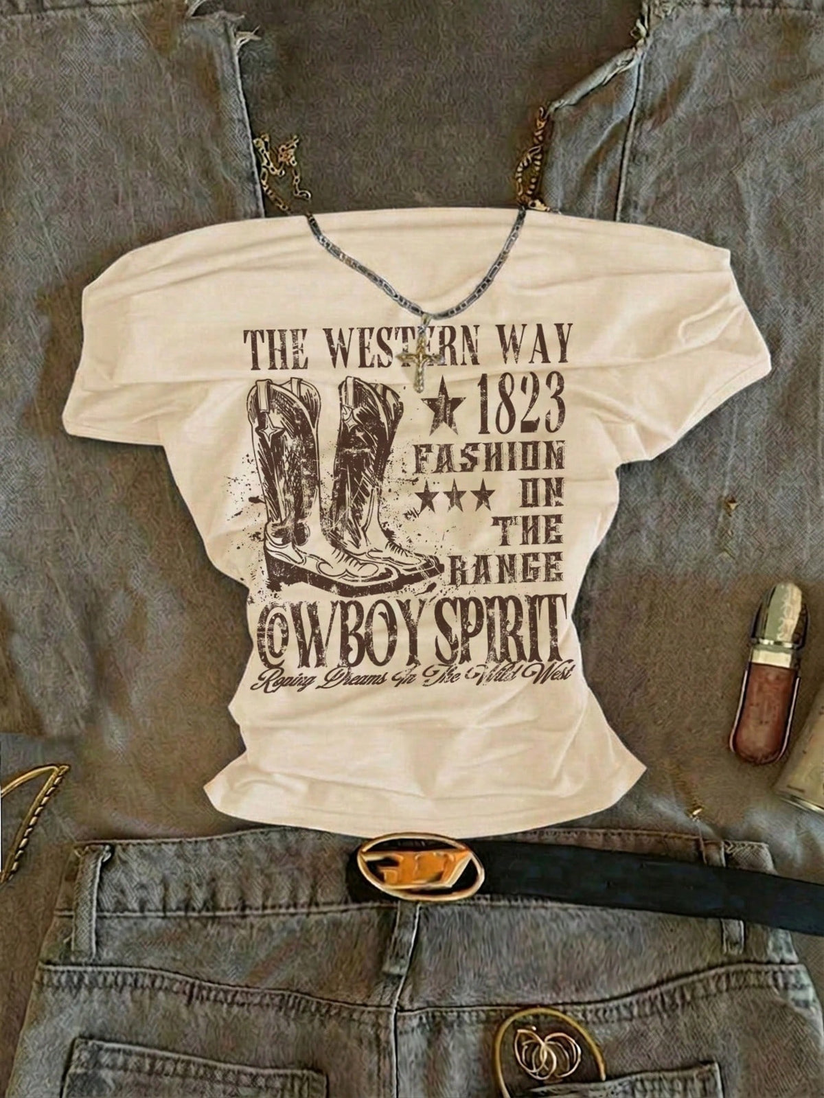 Attitoon Women's Casual Ruched Waist Square Neck Fitted Short Sleeve T-Shirt, Suitable For Summer, Casual Minimalist Vintage Punk Y2K Versatile Party Gathering Rural Boots Western Cowboy English Lette