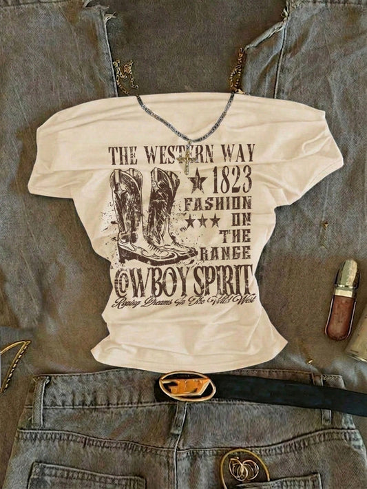 Attitoon Women's Casual Ruched Waist Square Neck Fitted Short Sleeve T-Shirt, Suitable For Summer, Casual Minimalist Vintage Punk Y2K Versatile Party Gathering Rural Boots Western Cowboy English Lette