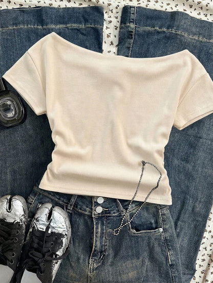 Attitoon Women's Casual Ruched Waist Square Neck Fitted Short Sleeve T-Shirt, Suitable For Summer, Casual Minimalist Vintage Punk Y2K Versatile Party Gathering Rural Boots Western Cowboy English Lette