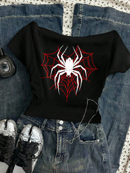 Attitoon Women's Casual Ruched Waist Square Neck Fitted Short Sleeve T-Shirt, Minimalist Vintage Punk Y2K Versatile Spider Web Spider Black & Red Print Pattern T-Shirt, Suitable For Summer, Party, Mus