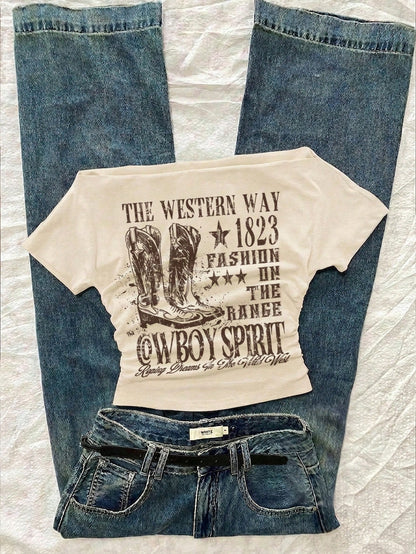 Attitoon Women's Casual Ruched Waist Square Neck Fitted Short Sleeve T-Shirt, Suitable For Summer, Casual Minimalist Vintage Punk Y2K Versatile Party Gathering Rural Boots Western Cowboy English Lette