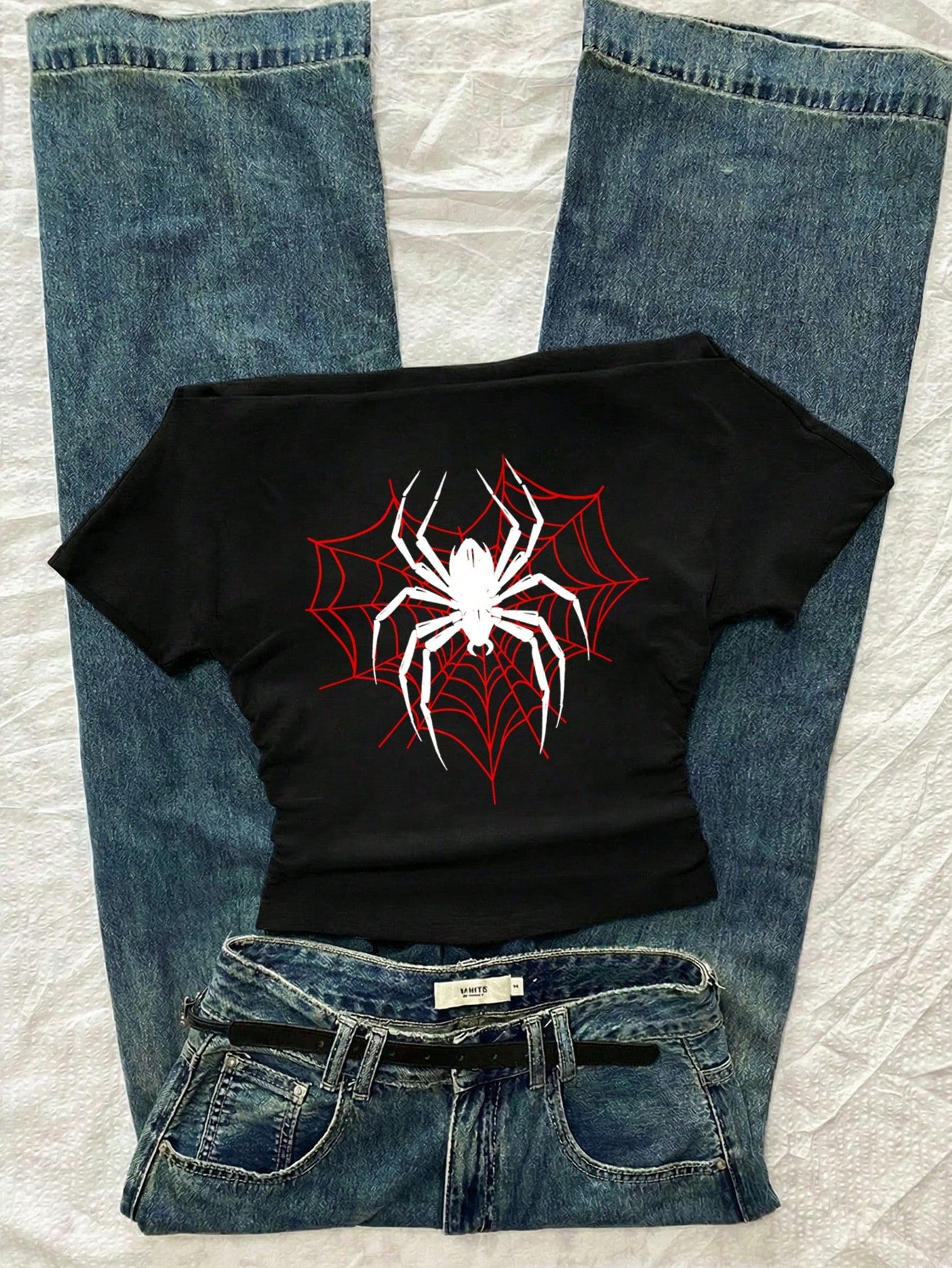 Attitoon Women's Casual Ruched Waist Square Neck Fitted Short Sleeve T-Shirt, Minimalist Vintage Punk Y2K Versatile Spider Web Spider Black & Red Print Pattern T-Shirt, Suitable For Summer, Party, Mus