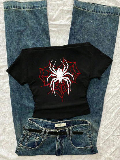 Attitoon Women's Casual Ruched Waist Square Neck Fitted Short Sleeve T-Shirt, Minimalist Vintage Punk Y2K Versatile Spider Web Spider Black & Red Print Pattern T-Shirt, Suitable For Summer, Party, Mus