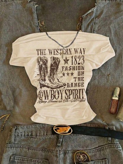 Attitoon Women's Casual Ruched Waist Square Neck Fitted Short Sleeve T-Shirt, Suitable For Summer, Casual Minimalist Vintage Punk Y2K Versatile Party Gathering Rural Boots Western Cowboy English Lette