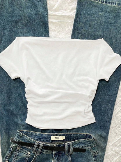 Attitoon Women's Casual Ruched Waist Square Neck Fitted Short Sleeve T-Shirt, Suitable For Summer, Casual Minimalist Vintage Punk Y2K Versatile Party Gathering Rural Boots Western Cowboy English Lette