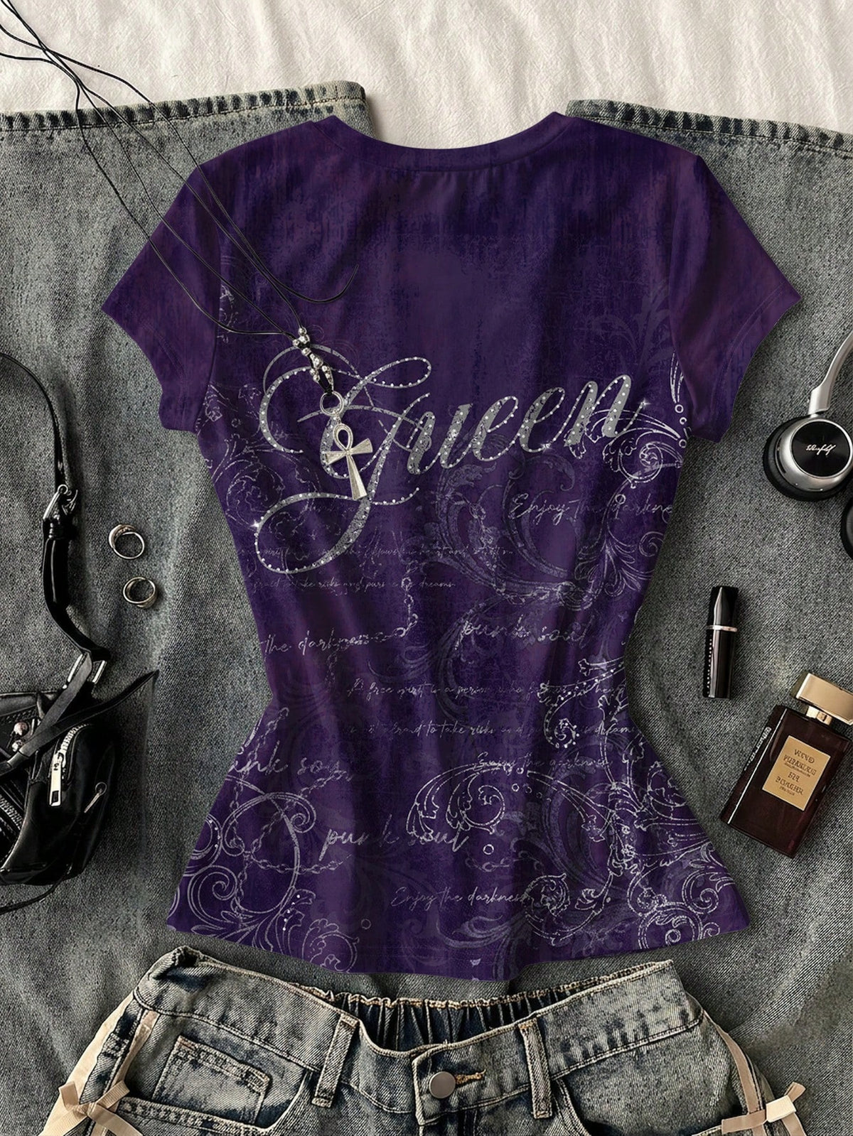 Attitoon Women's Casual Vintage Purple Short Sleeve T-Shirt, Vintage, Y2K, Streetwear, Suitable For Daily Commute, Date, Party, Autumn/Winter/Spring/Summer, Christmas, New Year, Thanksgiving, Party, W