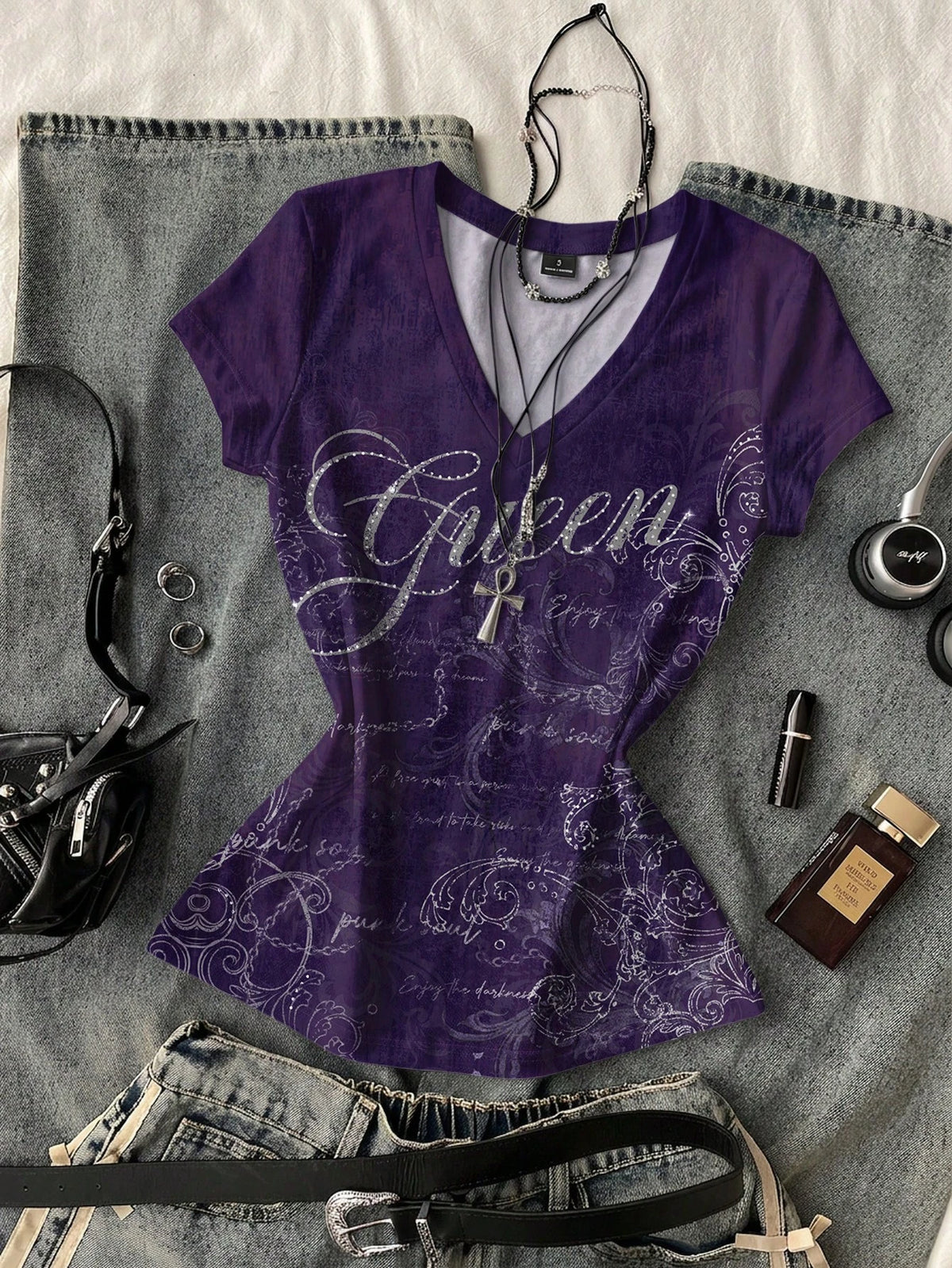 Attitoon Women's Casual Vintage Purple Short Sleeve T-Shirt, Vintage, Y2K, Streetwear, Suitable For Daily Commute, Date, Party, Autumn/Winter/Spring/Summer, Christmas, New Year, Thanksgiving, Party, W