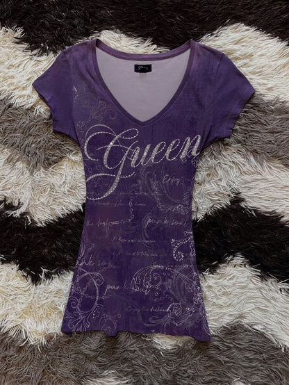 Attitoon Women's Casual Vintage Purple Short Sleeve T-Shirt, Vintage, Y2K, Streetwear, Suitable For Daily Commute, Date, Party, Autumn/Winter/Spring/Summer, Christmas, New Year, Thanksgiving, Party, W