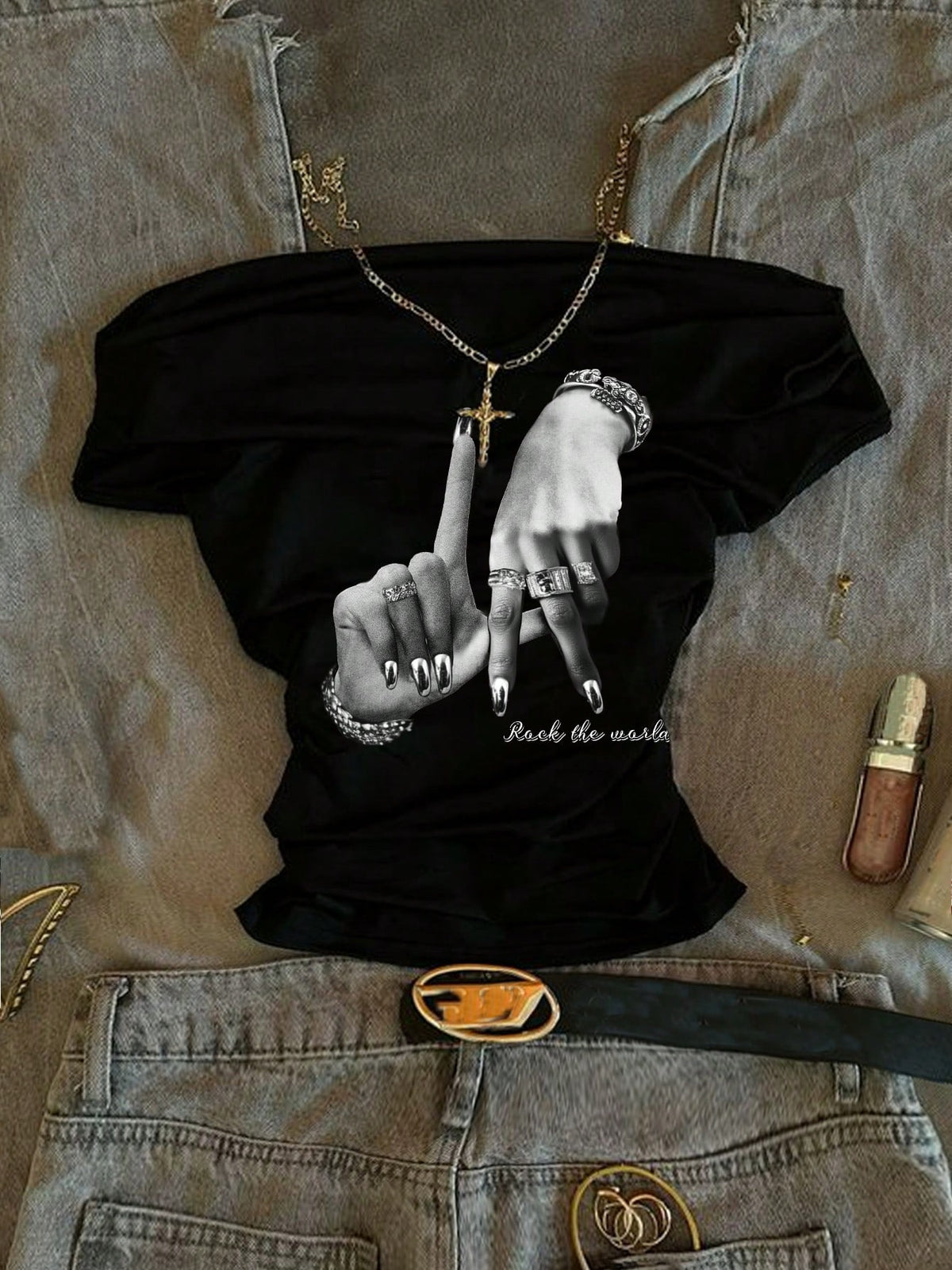 Attitoon Women's Off Shoulder Ruched Tight Short Sleeve T-Shirt,Black & White Finger Ring English Print,Streetwear Retro Punk Y2K City Break Summer Party