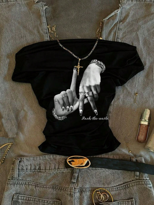 Attitoon Women's Off Shoulder Ruched Tight Short Sleeve T-Shirt,Black & White Finger Ring English Print,Streetwear Retro Punk Y2K City Break Summer Party