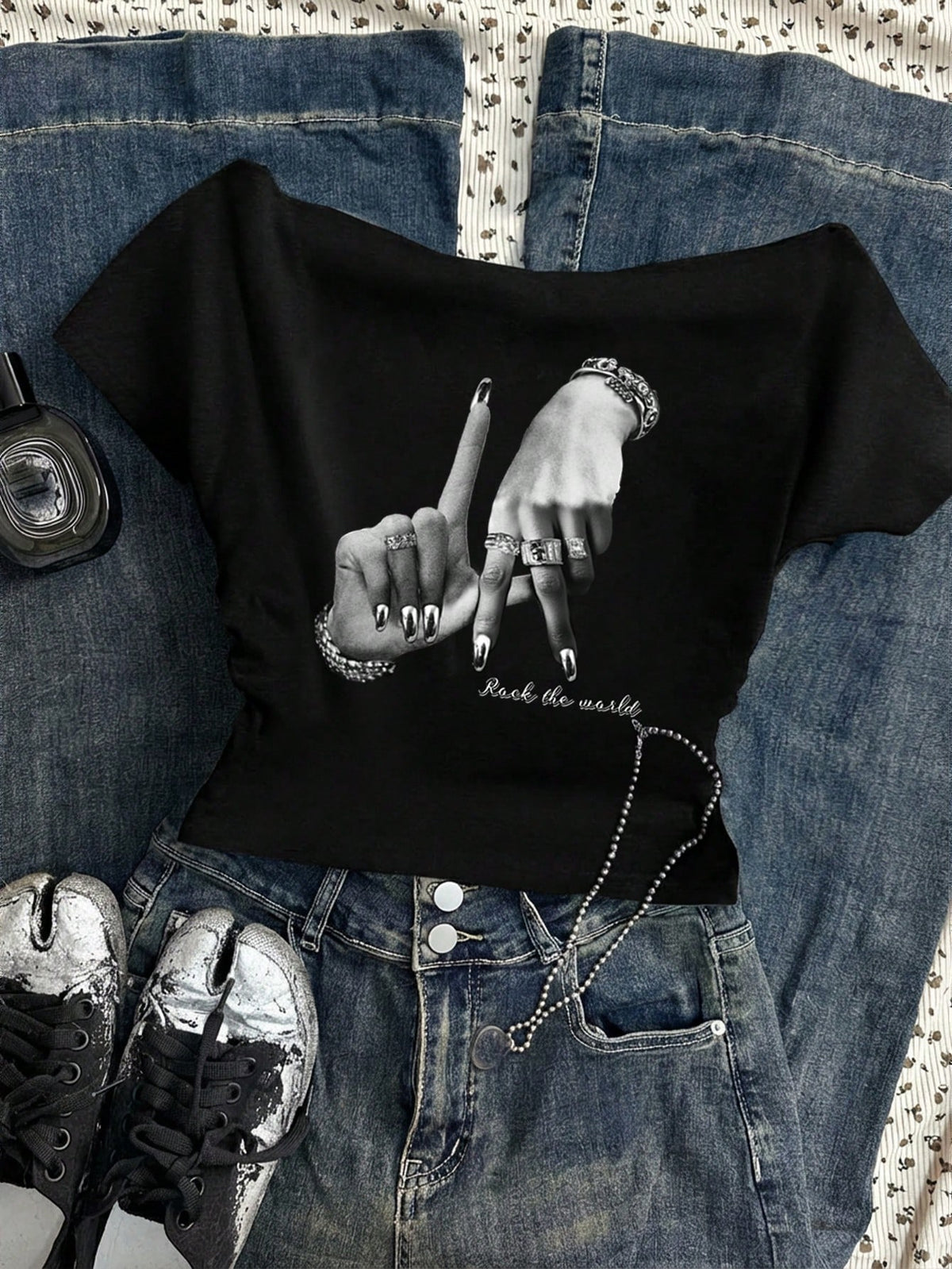 Attitoon Women's Off Shoulder Ruched Tight Short Sleeve T-Shirt,Black & White Finger Ring English Print,Streetwear Retro Punk Y2K City Break Summer Party