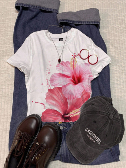 Attitoon Women Summer Floral/Hawaiian Print Short Sleeve Fitted T-Shirt Floral Top Tropical Top Suitable For Going Out