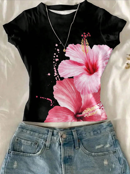 Attitoon Women Summer Floral/Hawaiian Print Short Sleeve Fitted T-Shirt Floral Top Tropical Top Suitable For Going Out