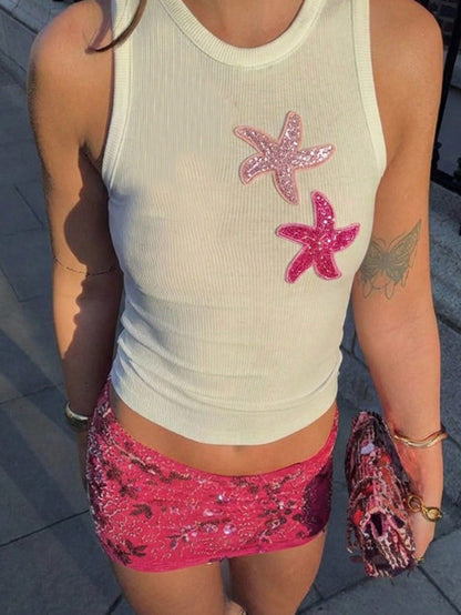 Attriella Shiny Sequin Star & Starfish Decor White Cropped Top, Fitted Casual Camisole For Valentine's Day, Beach Vacation, Music Festival Summer