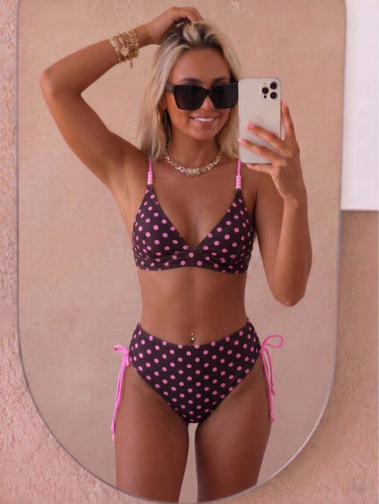 August vacation Women's Fashionable Cute Beaded Design Fuchsia Polka Dot Print Sexy Bikini Swimwear, Random Floral Print Beach Holiday Swimwear, Summer Vacation