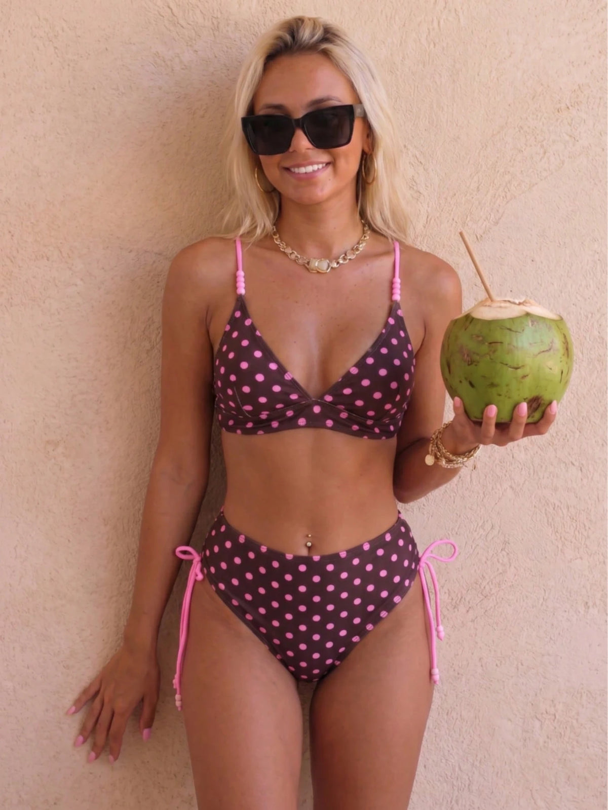 August vacation Women's Fashionable Cute Beaded Design Fuchsia Polka Dot Print Sexy Bikini Swimwear, Random Floral Print Beach Holiday Swimwear, Summer Vacation