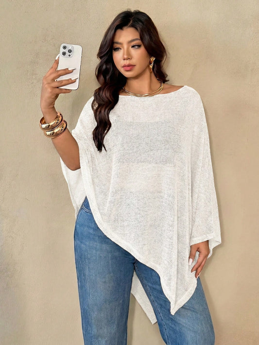 Auralis Plus Size Women's Solid Color Batwing Sleeve Asymmetric Hem Top Fall