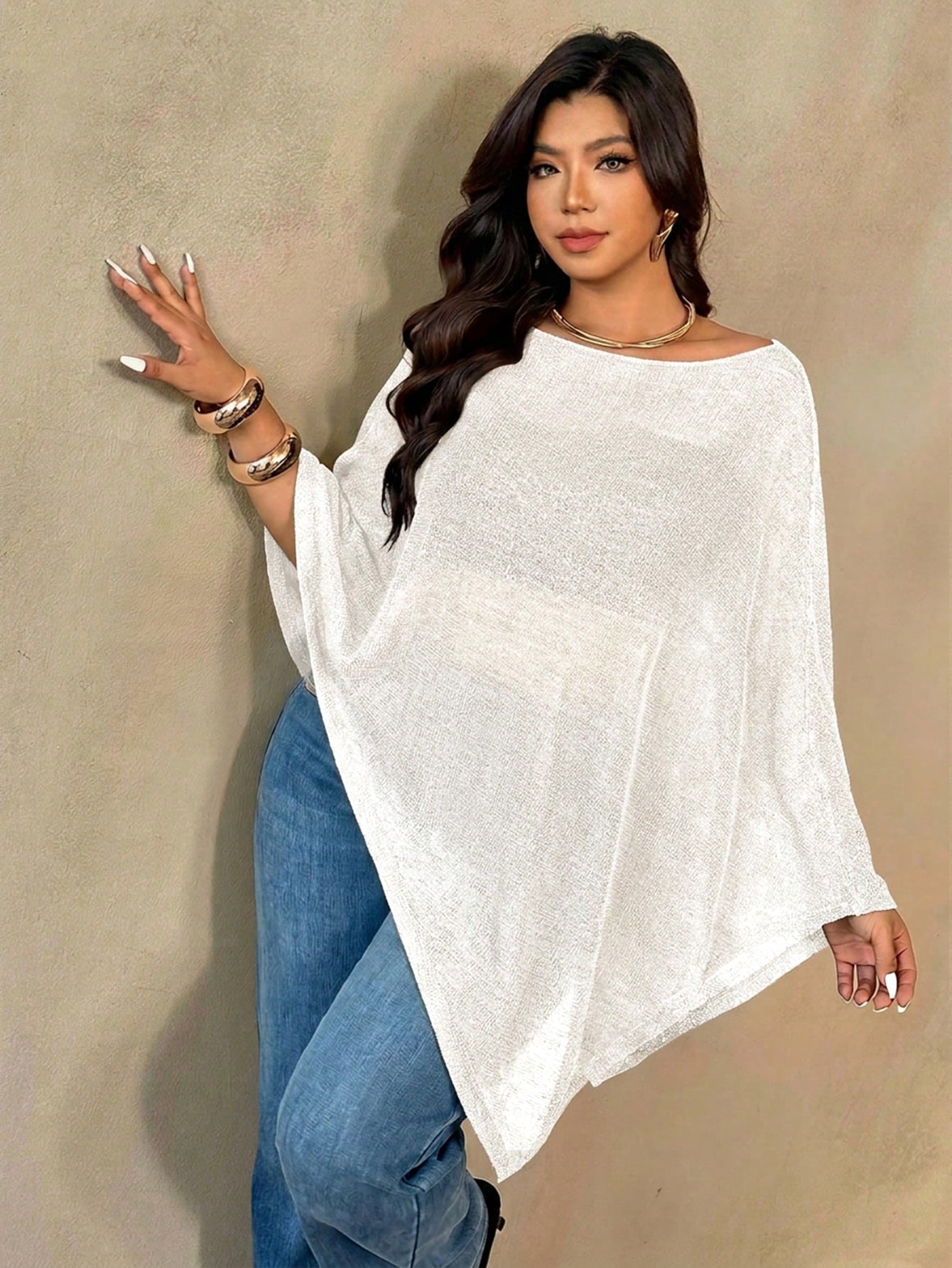 Auralis Plus Size Women's Solid Color Batwing Sleeve Asymmetric Hem Top Fall