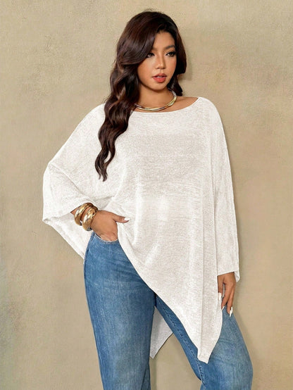 Auralis Plus Size Women's Solid Color Batwing Sleeve Asymmetric Hem Top Fall