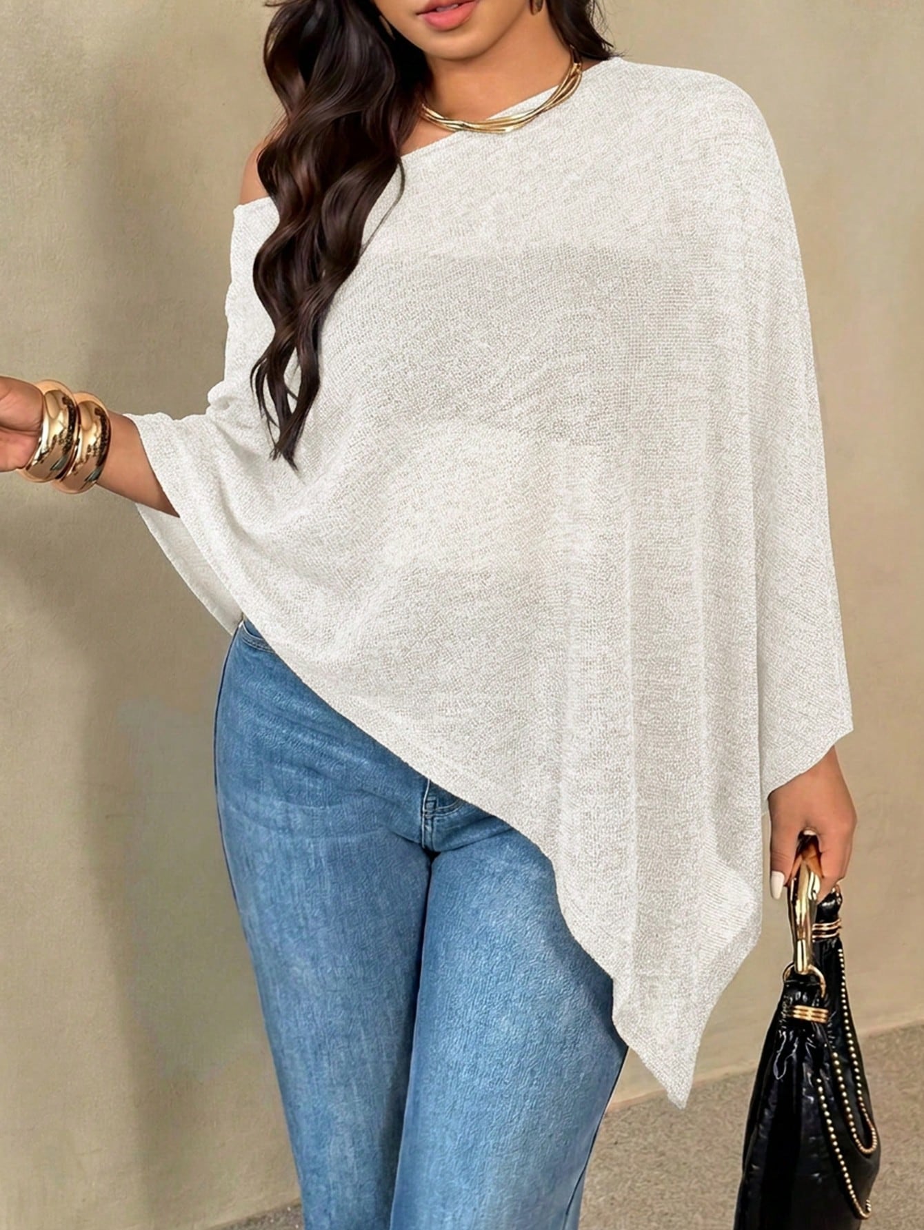 Auralis Plus Size Women's Solid Color Batwing Sleeve Asymmetric Hem Top Fall