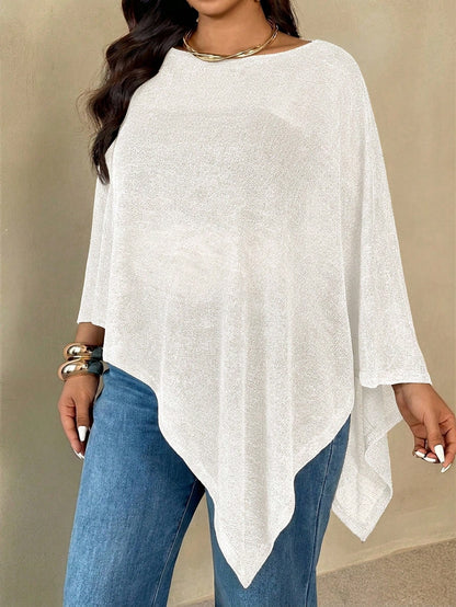 Auralis Plus Size Women's Solid Color Batwing Sleeve Asymmetric Hem Top Fall