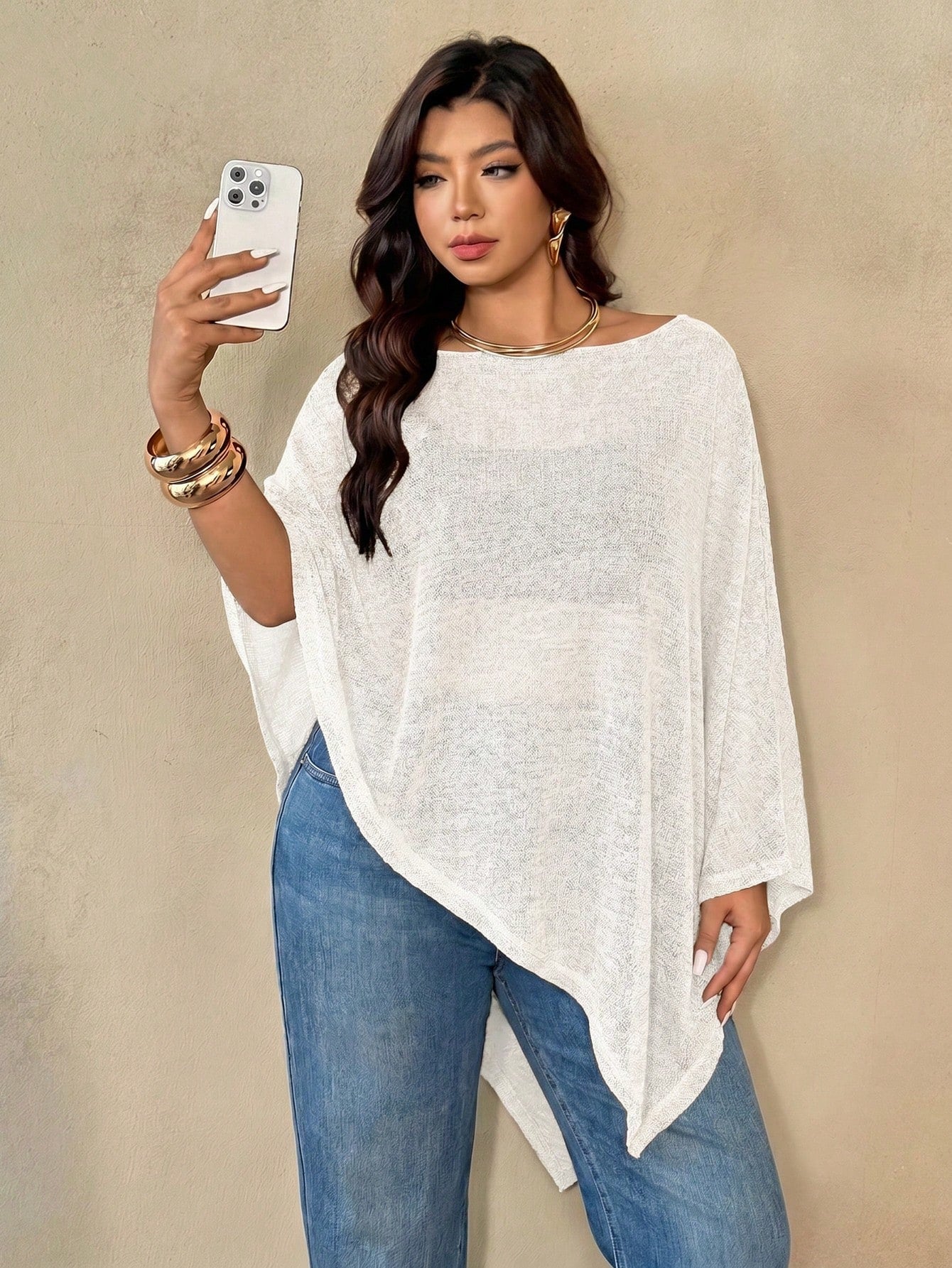 Auralis Plus Size Women's Solid Color Batwing Sleeve Asymmetric Hem Top Fall