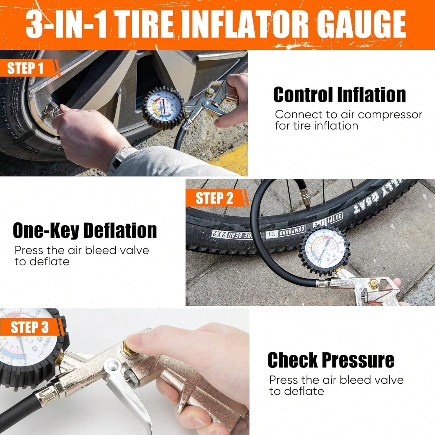 Automobile Tire Inflation Gauge, High-Precision Heavy-Duty Multifunctional Tire Pressure Gauge For Automobiles, Trucks, Motorcycles, And Compact Portable Automobile Tire Inflators, Suitable For Trucks