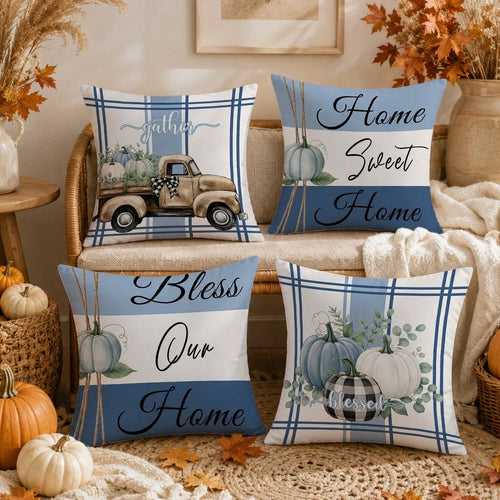 Autumn Blue Pumpkin Cushion Cover 4-Piece Set, Single-Sided Printed Peach Skin Velvet Polyester Material, 45*45CM/18*18inch Pillow Covers Suitable For Room Decor, Modern Minimalist Sofa Living Room De