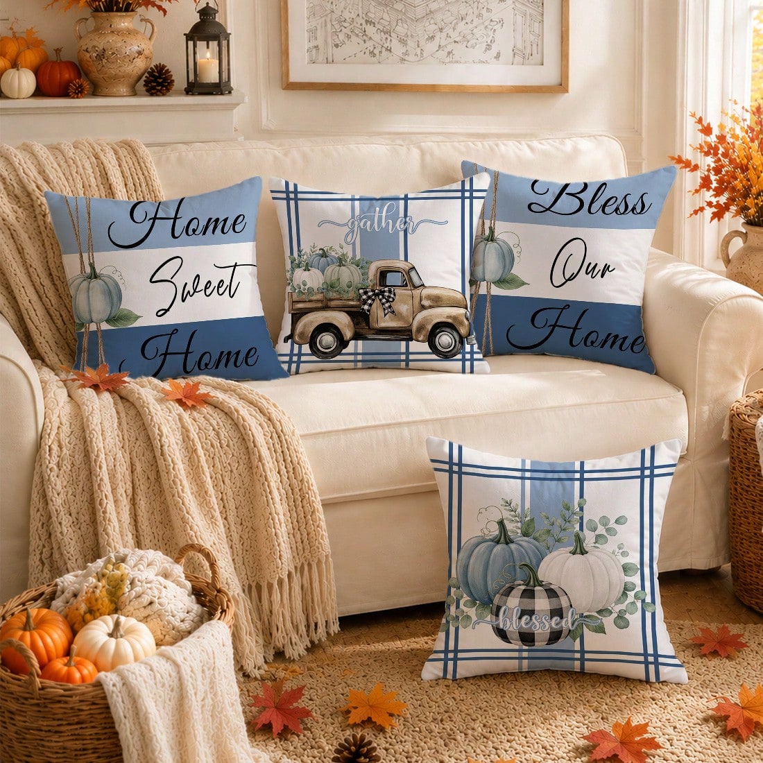 Autumn Blue Pumpkin Cushion Cover 4-Piece Set, Single-Sided Printed Peach Skin Velvet Polyester Material, 45*45CM/18*18inch Pillow Covers Suitable For Room Decor, Modern Minimalist Sofa Living Room De