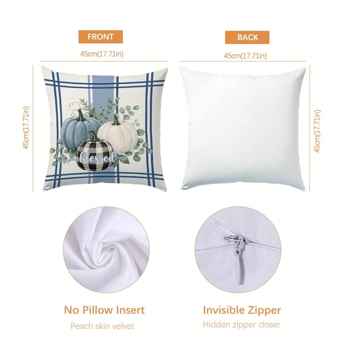 Autumn Blue Pumpkin Cushion Cover 4-Piece Set, Single-Sided Printed Peach Skin Velvet Polyester Material, 45*45CM/18*18inch Pillow Covers Suitable For Room Decor, Modern Minimalist Sofa Living Room De