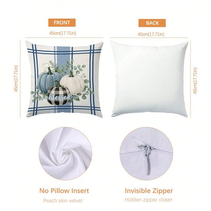 Autumn Blue Pumpkin Cushion Cover 4-Piece Set, Single-Sided Printed Peach Skin Velvet Polyester Material, 45*45CM/18*18inch Pillow Covers Suitable For Room Decor, Modern Minimalist Sofa Living Room De
