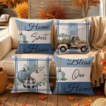 Autumn Blue Pumpkin Cushion Cover 4-Piece Set, Single-Sided Printed Peach Skin Velvet Polyester Material, 45*45CM/18*18inch Pillow Covers Suitable For Room Decor, Modern Minimalist Sofa Living Room De