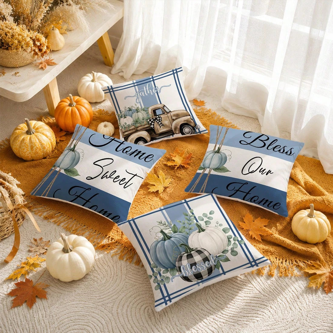 Autumn Blue Pumpkin Cushion Cover 4-Piece Set, Single-Sided Printed Peach Skin Velvet Polyester Material, 45*45CM/18*18inch Pillow Covers Suitable For Room Decor, Modern Minimalist Sofa Living Room De