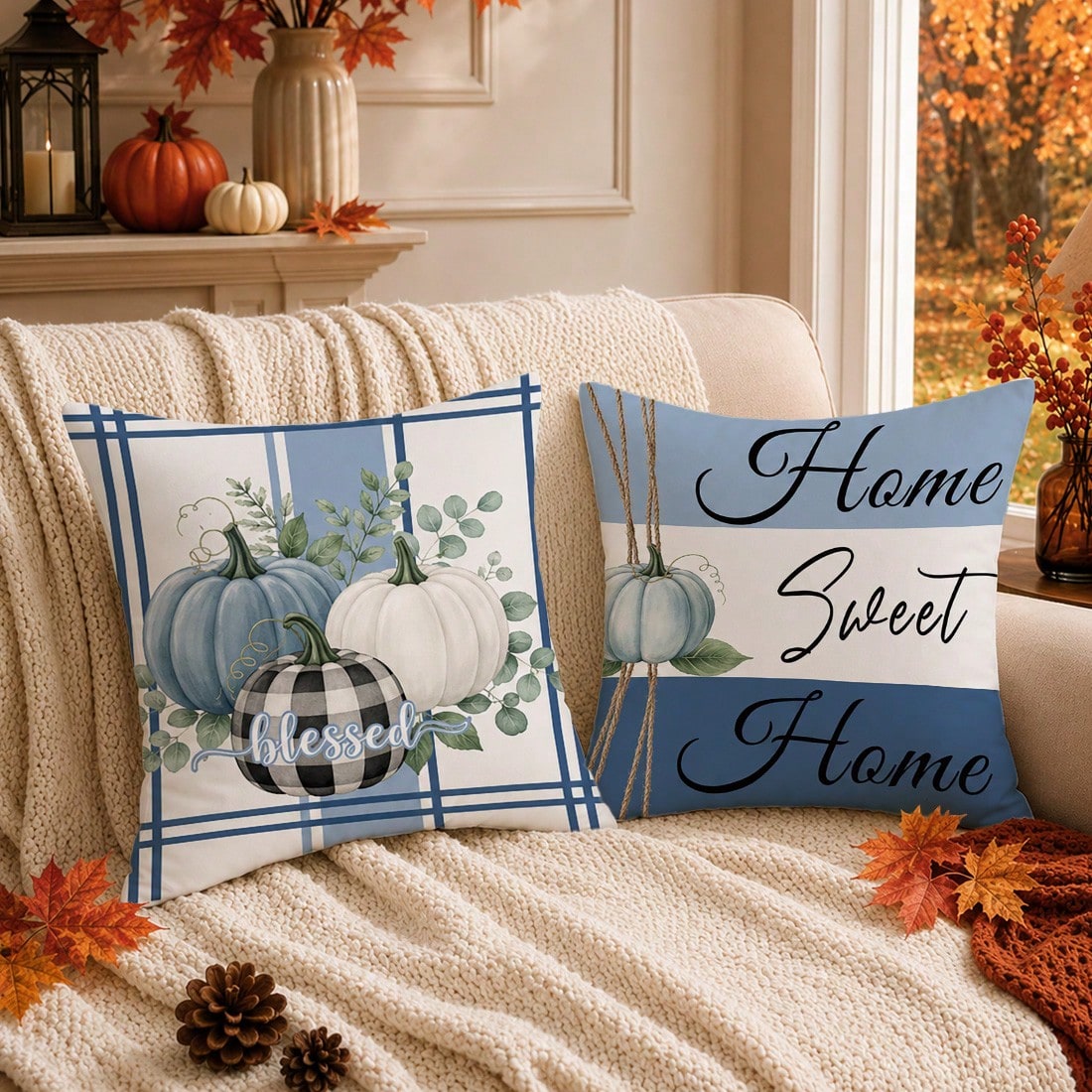Autumn Blue Pumpkin Cushion Cover 4-Piece Set, Single-Sided Printed Peach Skin Velvet Polyester Material, 45*45CM/18*18inch Pillow Covers Suitable For Room Decor, Modern Minimalist Sofa Living Room De