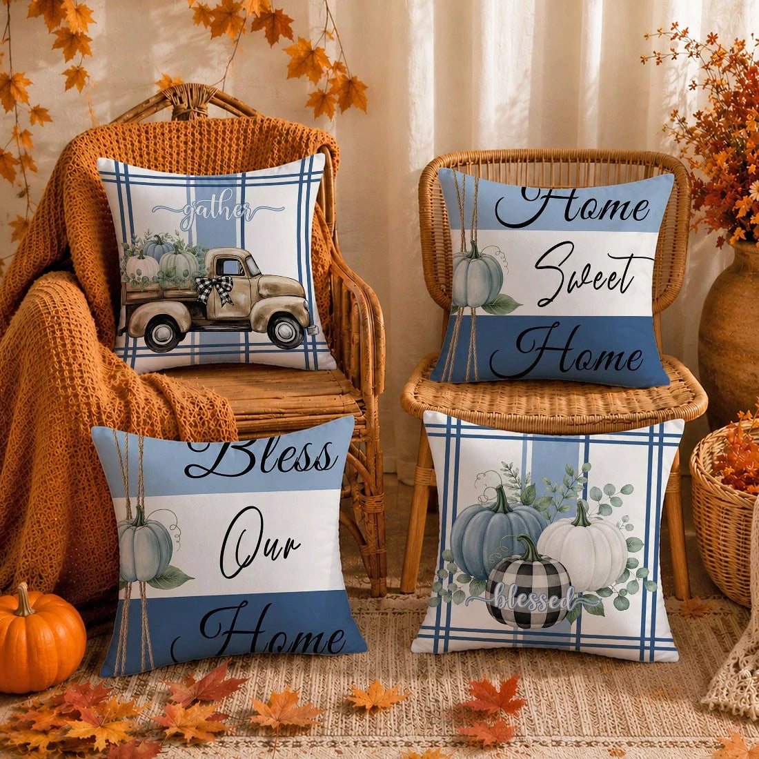 Autumn Blue Pumpkin Cushion Cover 4-Piece Set, Single-Sided Printed Peach Skin Velvet Polyester Material, 45*45CM/18*18inch Pillow Covers Suitable For Room Decor, Modern Minimalist Sofa Living Room De
