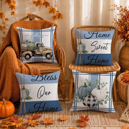 Autumn Blue Pumpkin Cushion Cover 4-Piece Set, Single-Sided Printed Peach Skin Velvet Polyester Material, 45*45CM/18*18inch Pillow Covers Suitable For Room Decor, Modern Minimalist Sofa Living Room De
