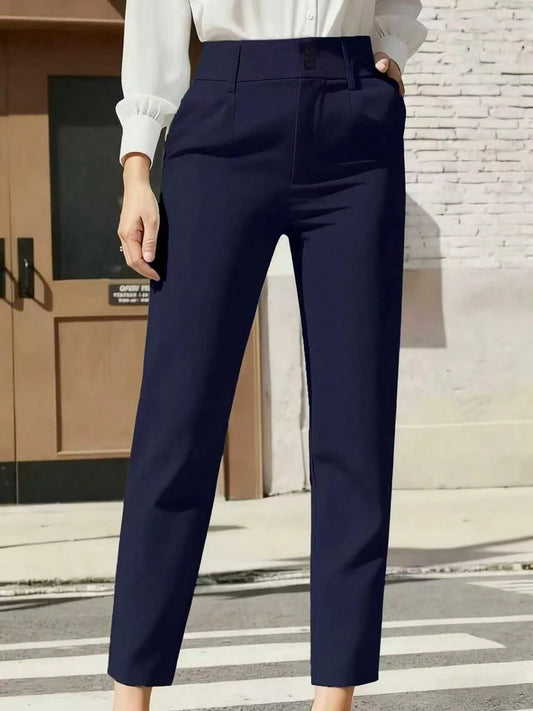 Autumn High Waist Double Button Pocket Design Long Pants, Back To School, Commuting, Professional