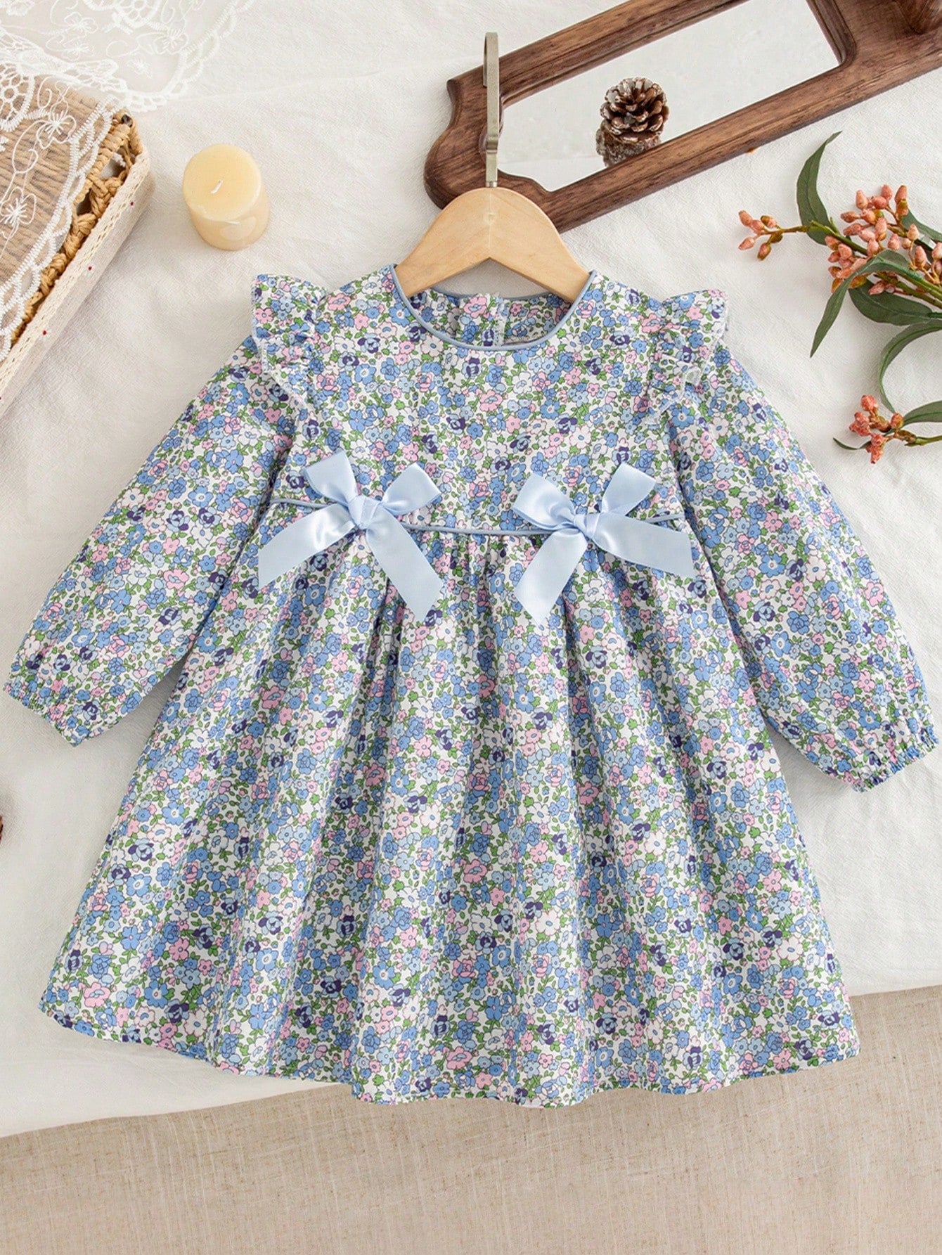 Autumn/Winter Mori Style Ditsy Floral Bow Decor Long Sleeve Dress For Social Gatherings, Baby Girl