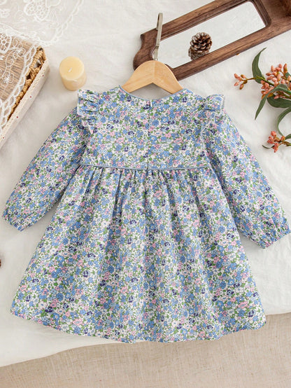 Autumn/Winter Mori Style Ditsy Floral Bow Decor Long Sleeve Dress For Social Gatherings, Baby Girl